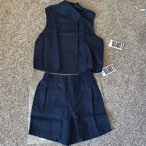 NEW! Lunya Navy 100% Flax Linen Sleeveless Shirt and Short Set S Small Luxury
